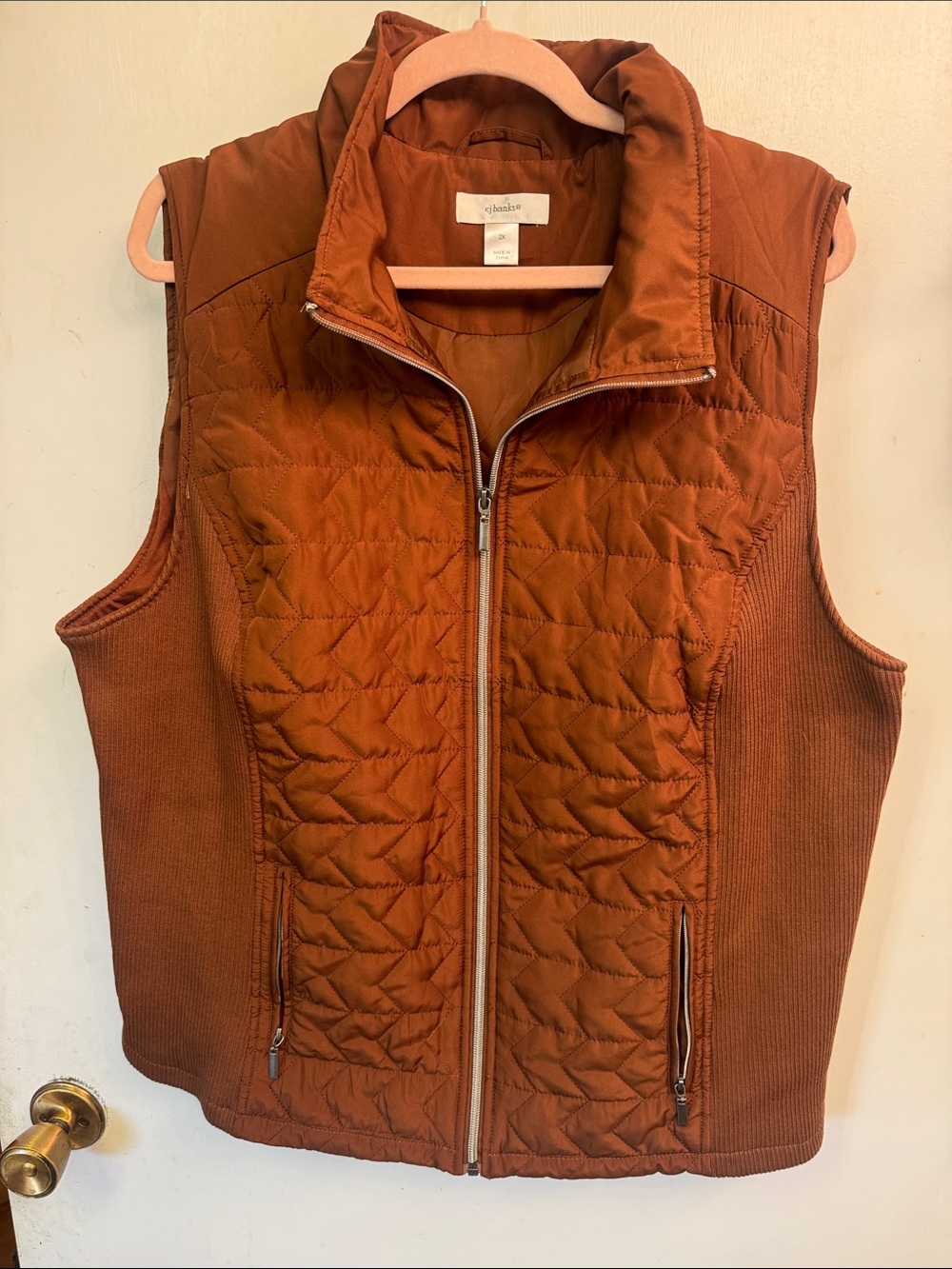 CJ Banks Quilted Zip-Front Vest in Rust Brown